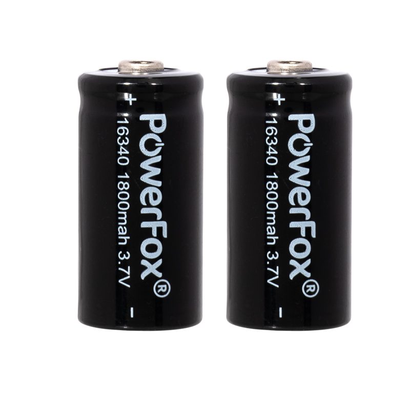 Twee PowerFox 16340-accu's voor een compacte laserpen
